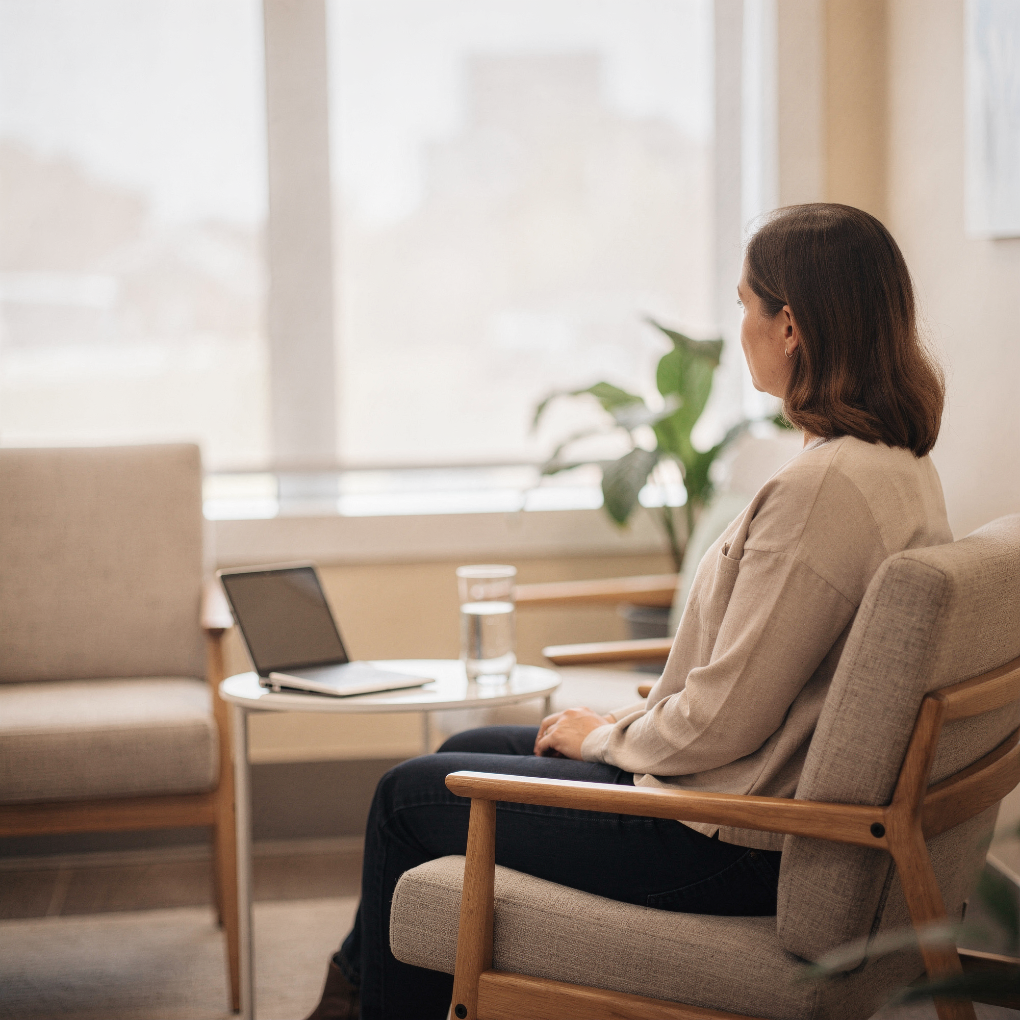 Woman seated in a modern office during a psychiatric care consultation in Lenexa, KS